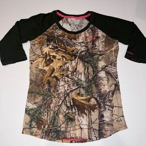 Under Armour Realtree Camo Shirt Womens SM Brown Green HeatGear Raglan Excellent